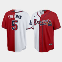 Official Men Atlanta Braves Split Freddie Freeman Red White 2021 World Series Champions Jersey